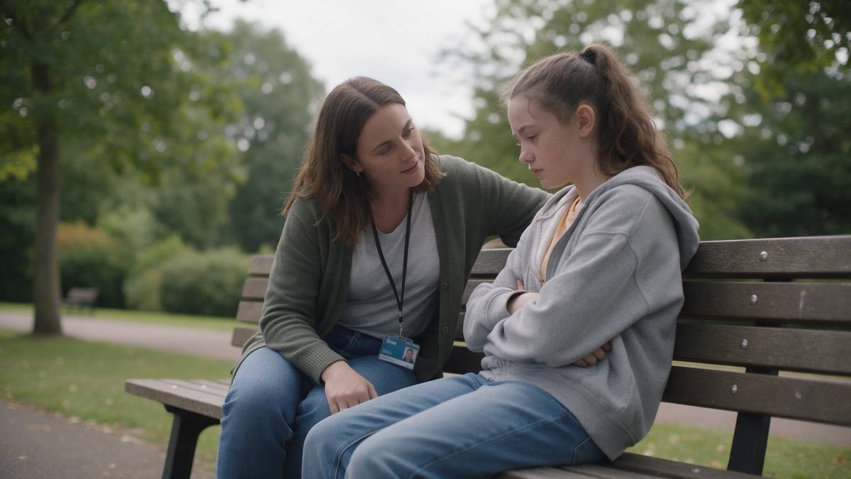 Counselor sitting with a teenager on a park bench