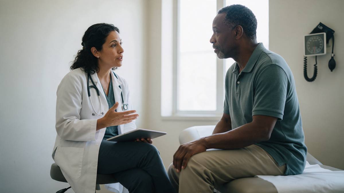 Physician talking with a patient in an exam room