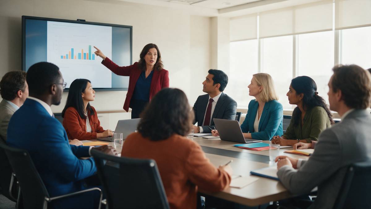 Team reviewing an outreach plan in a conference room