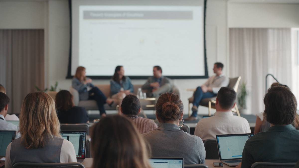 Audience watching a panel at a hybrid event